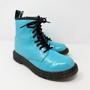 Dr. Martens Aqua Blue Glitter Patent Leather Combat Boots Sz 3 Lace Up/Side Zip
